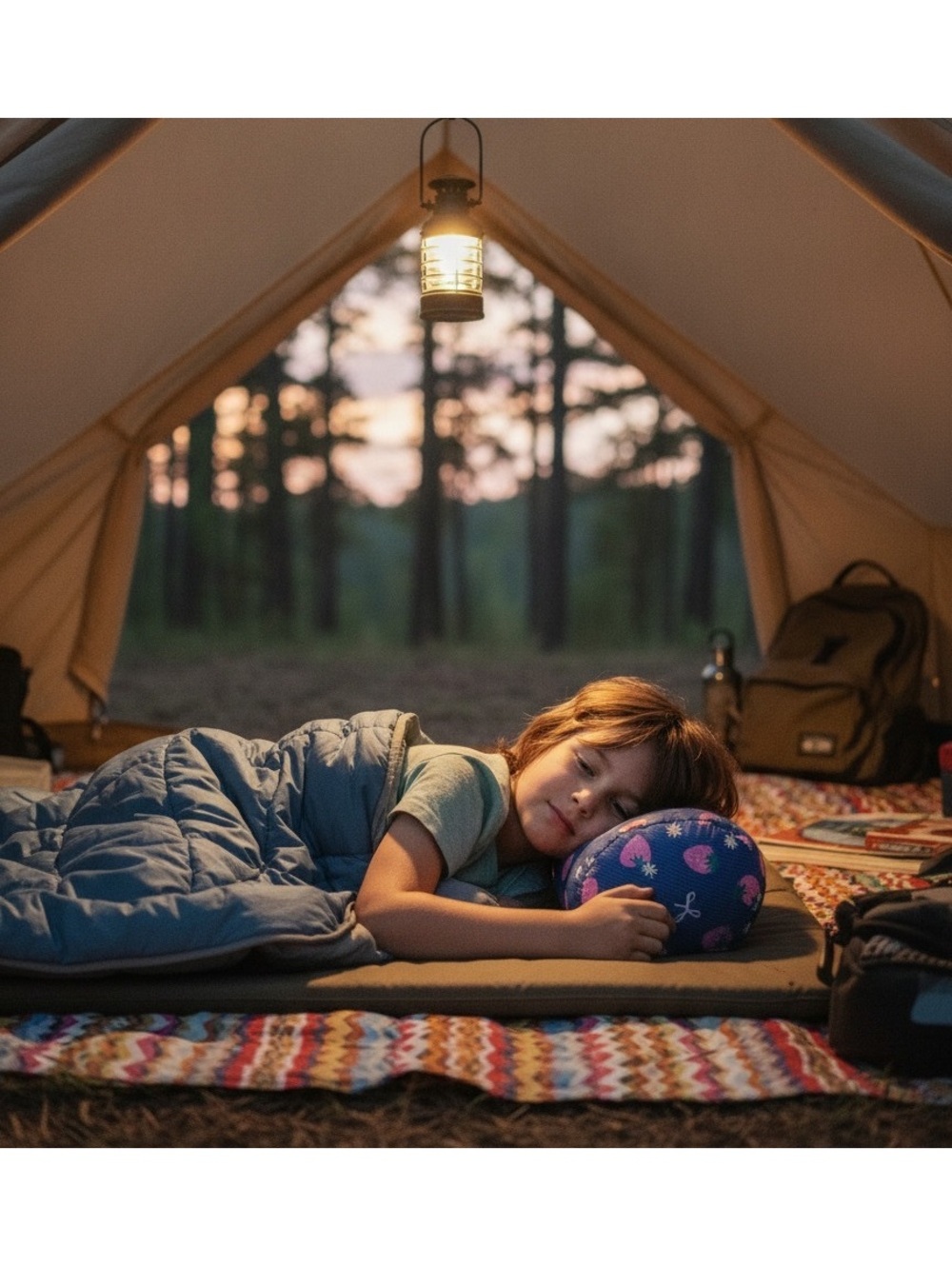 Camping Pillow- Blue with Pink Strawberries